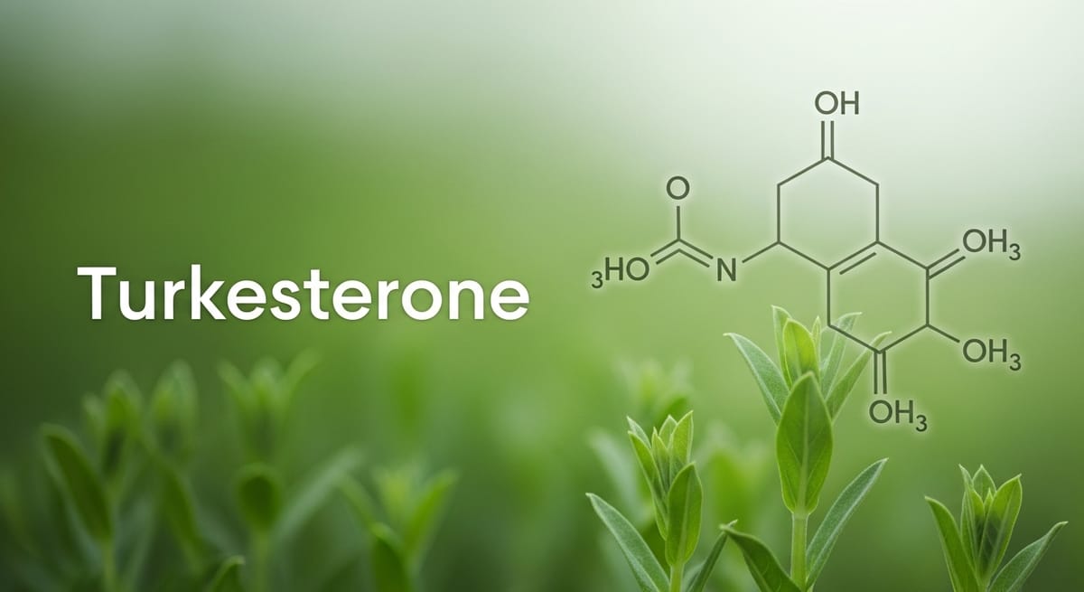 Turkesterone written in white against a green background with plants. To the right appears a chemical molecule with O, N, and OH3 atoms.
